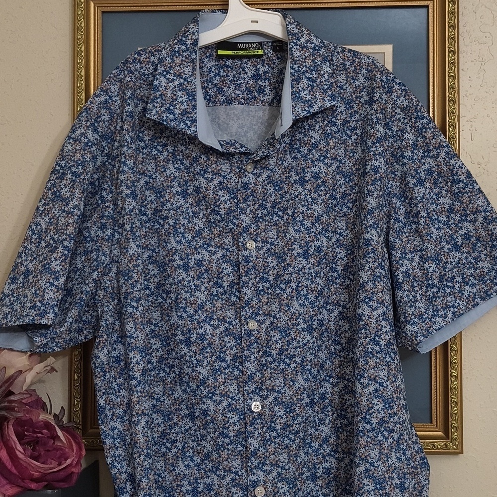 Performance Lightweight Blue Floral Men's Shirt Large Outdoors Party Casual - Picture 3 of 9